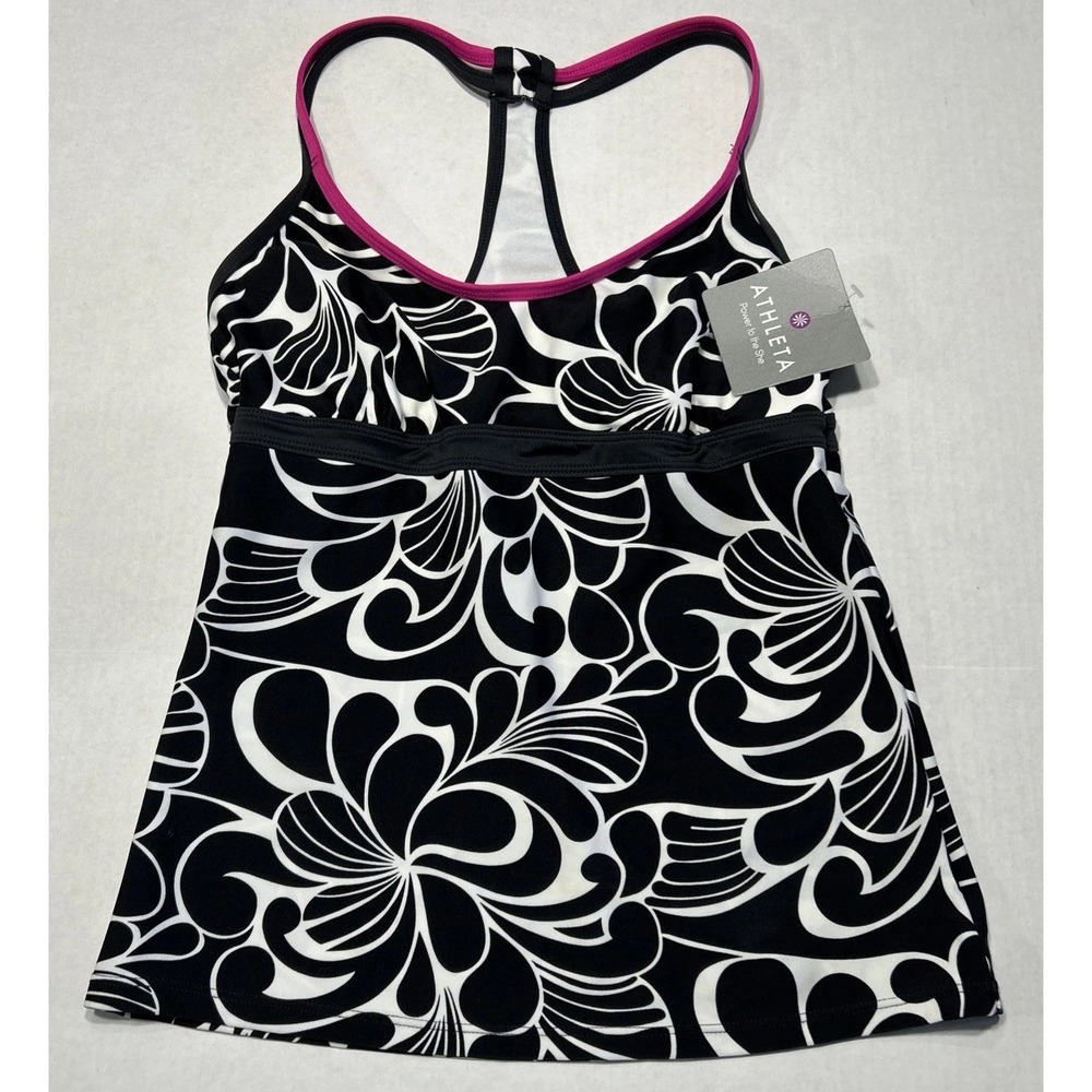 NWT Athleta Aloha Banded Tankini Top Black White Sz Small Floral Racerback‎ $62